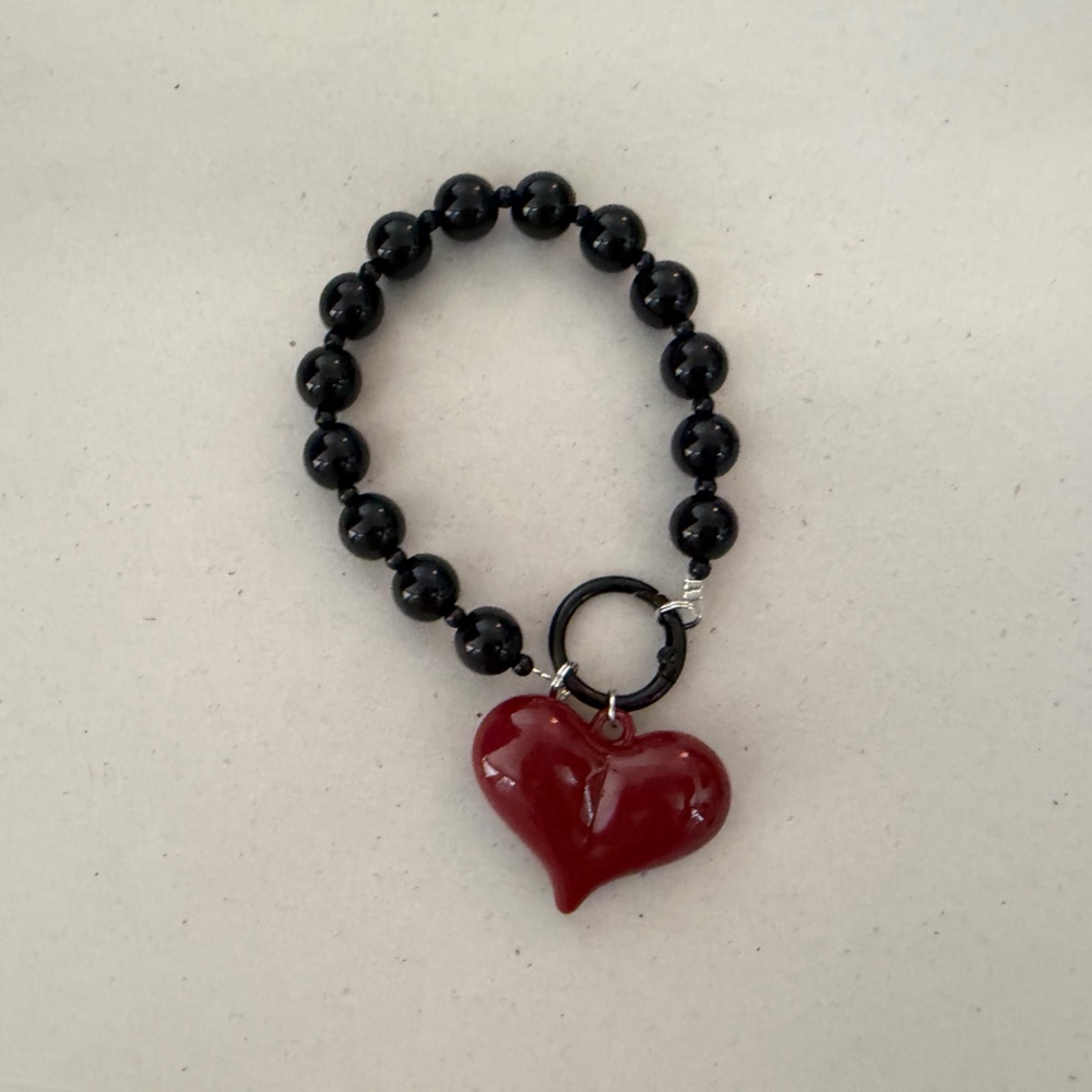 Black Beaded Bracelet with Red Heart Charm
